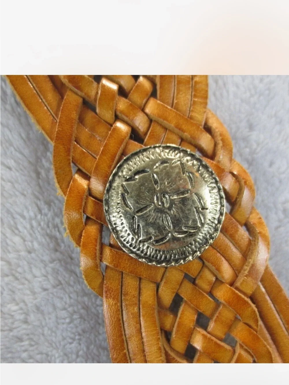 Vintage Tan Braided Leather Belt with Round Buckle